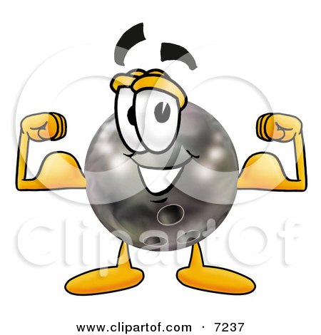 Clipart Picture of a Bowling Ball Mascot Cartoon Character Flexing His Arm Muscles by Mascot Junction