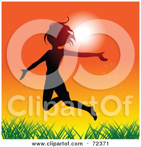 Royalty-Free (RF) Clipart Illustration of a Silhouetted Woman Leaping Over Grass Against An Orange Sunset by cidepix