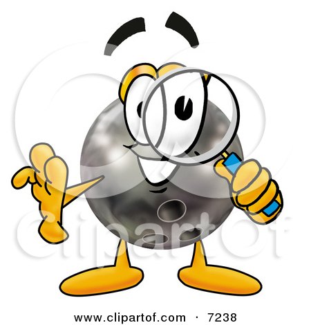 Clipart Picture of a Bowling Ball Mascot Cartoon Character Looking Through a Magnifying Glass by Mascot Junction