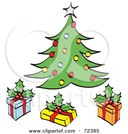 Royalty-Free (RF) Clipart Illustration of Three Gift Boxes Under A Decorated Christmas Tree by cidepix