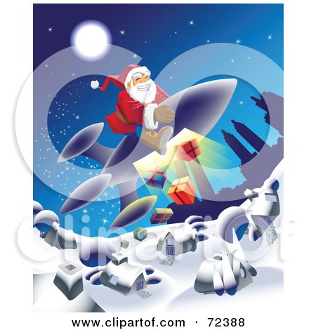 Royalty-Free (RF) Clipart Illustration of Santa Dropping Presents From A Rocket Down To A Village by cidepix