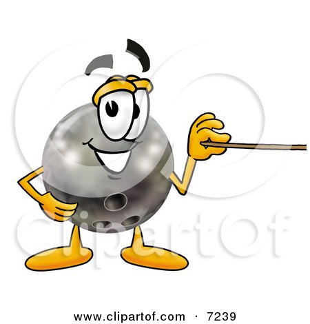 Clipart Picture of a Bowling Ball Mascot Cartoon Character Holding a Pointer Stick by Mascot Junction
