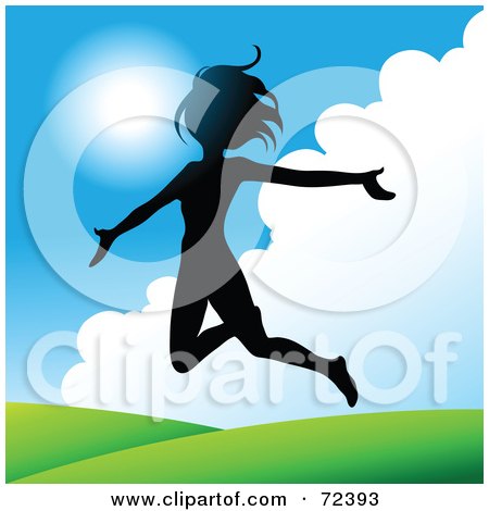 Royalty-Free (RF) Clipart Illustration of a Silhouetted Woman Leaping Over Hills Under A Blue Sky by cidepix