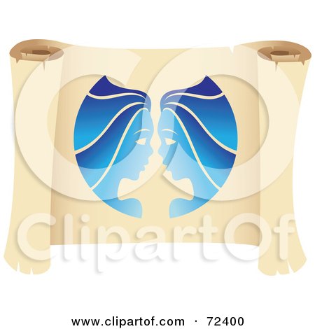 Royalty-Free (RF) Clipart Illustration of a Blue Gemini Icon On A Parchment Scroll by cidepix