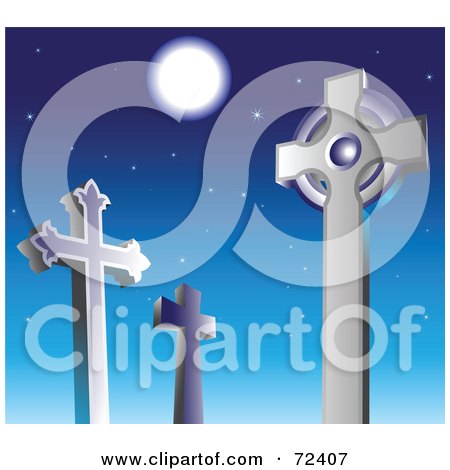 Royalty-Free (RF) Clipart Illustration of Cross Tombstones In A Cemetery, Against A Night Sky by cidepix