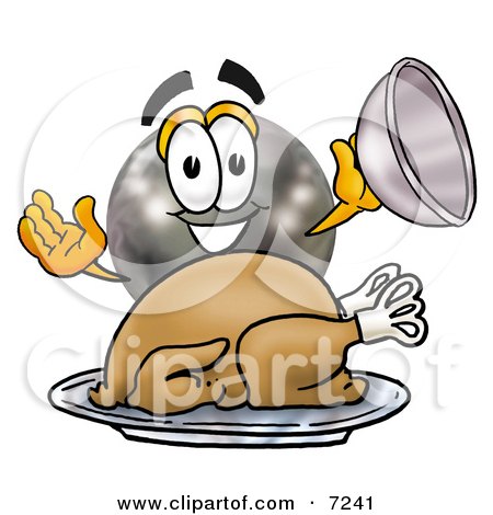 Clipart Picture of a Bowling Ball Mascot Cartoon Character Serving a Thanksgiving Turkey on a Platter by Mascot Junction