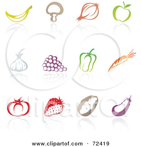 Royalty-Free (RF) Clipart Illustration of a Digital Collage Of Colorful Fruit And Veggie Icons With Reflections by cidepix