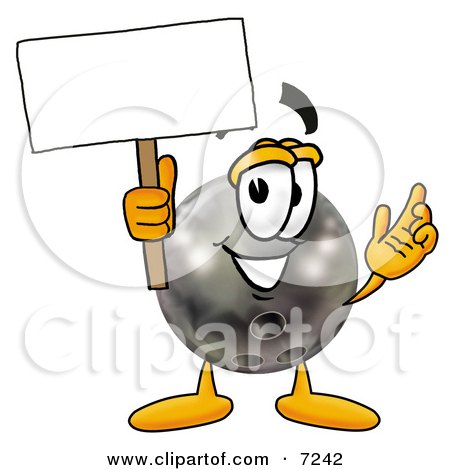 Clipart Picture of a Bowling Ball Mascot Cartoon Character Holding a Blank Sign by Mascot Junction