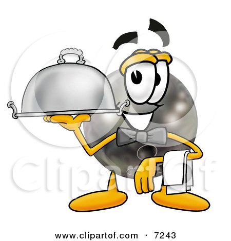 Clipart Picture of a Bowling Ball Mascot Cartoon Character Dressed as a Waiter and Holding a Serving Platter by Mascot Junction
