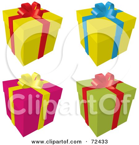 Royalty-Free (RF) Clipart Illustration of a Digital Collage Of Yellow, Pink And Green Gift Boxes With Ribbons And Bows by cidepix