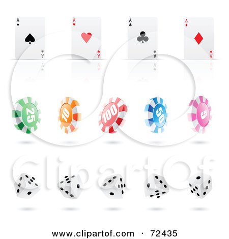 Royalty-Free (RF) Clipart Illustration of a Digital Collage Of A Row Of Ace Playing Cards, Poker Chips And Dice With Shadows And Reflections by cidepix
