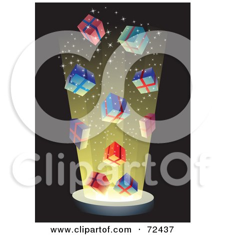 Royalty-Free (RF) Clipart Illustration of an Explosion Of Bright Light And Colorful Gift Boxes On Black by cidepix