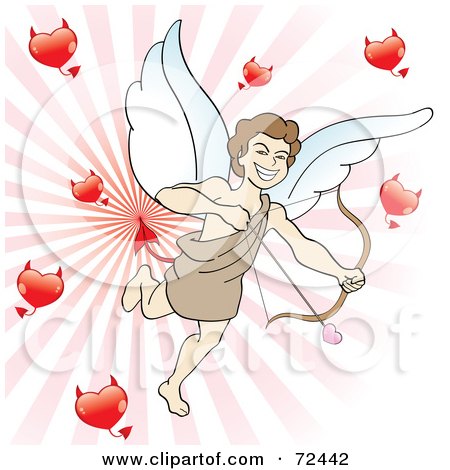 Royalty-Free (RF) Clipart Illustration of a Happy Cupid With Devil Hearts, Shooting Arrows Over A Pink Burst by cidepix