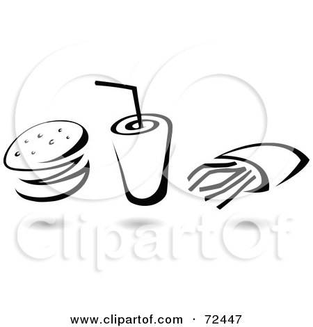 Royalty-Free (RF) Clipart Illustration of a Digital Collage Of A Black And White Hamburger With A Fountain Soda And French Fries by cidepix