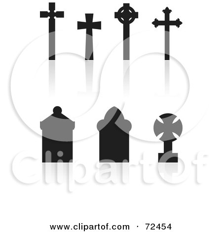 Royalty-Free (RF) Clipart Illustration of a Digital Collage Of Silhouetted Cross And Standard Tombstones by cidepix