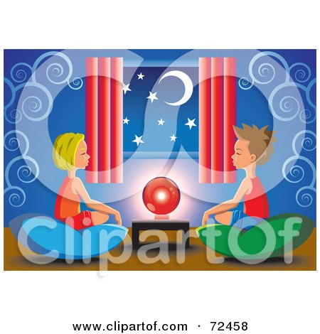 Royalty-Free (RF) Clipart Illustration of a Little Boy And Girl Sitting On Pillows Around A Crystal Ball by cidepix