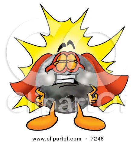Clipart Picture of a Bowling Ball Mascot Cartoon Character Dressed as a Super Hero by Mascot Junction