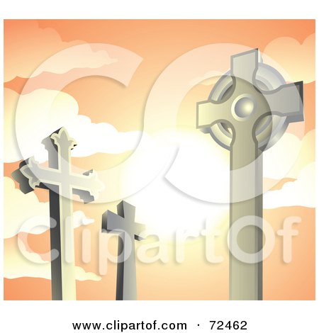 Royalty-Free (RF) Clipart Illustration of  Cross Tombstones In A Cemetery, Against An Orange Sunset by cidepix