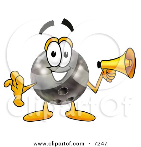 Clipart Picture of a Bowling Ball Mascot Cartoon Character Holding a Megaphone by Mascot Junction