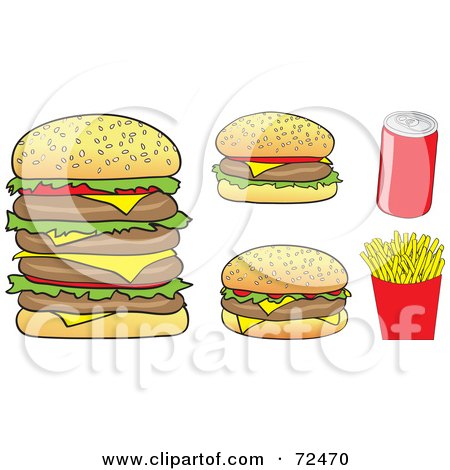 Royalty-Free (RF) Clipart Illustration of a Digital Collage Of Cheeseburgers, Soda And French Fries by cidepix