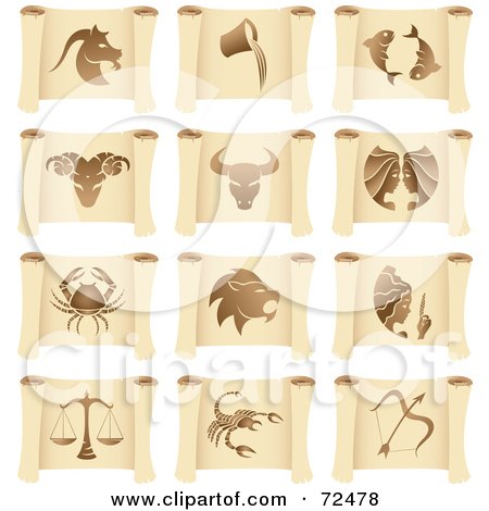 Royalty-Free (RF) Clipart Illustration of a Digital Collage Of Horoscope Icons On Parchment Scrolls by cidepix