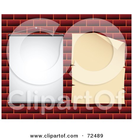 Royalty-Free (RF) Clipart Illustration of Two Blank Signs Hanging On A Brick Wall by cidepix
