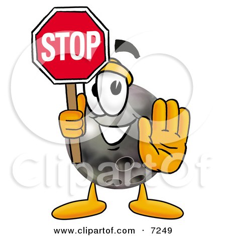Clipart Picture of a Bowling Ball Mascot Cartoon Character Holding a Stop Sign by Mascot Junction