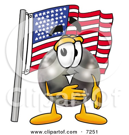 Clipart Picture of a Bowling Ball Mascot Cartoon Character Pledging Allegiance to an American Flag by Mascot Junction