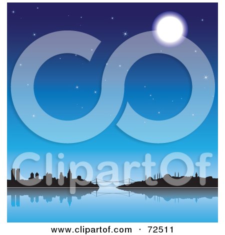 Royalty-Free (RF) Clipart Illustration of The Moon And Stars Over The Istanbul, Turkey Skyline by cidepix