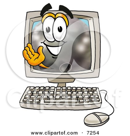 Clipart Picture of a Bowling Ball Mascot Cartoon Character Waving From Inside a Computer Screen by Mascot Junction