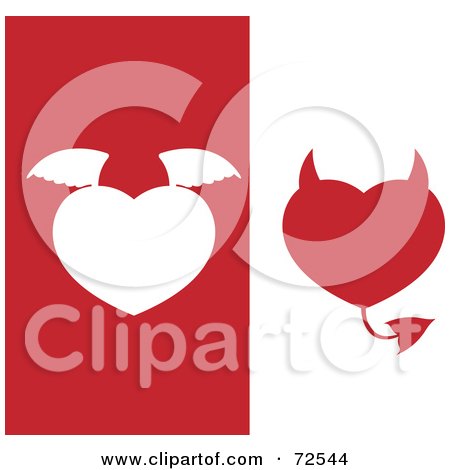 Royalty-Free (RF) Clipart Illustration of a Digital Collage Of Angel And Devil Hearts On White And Red Backgrounds by cidepix