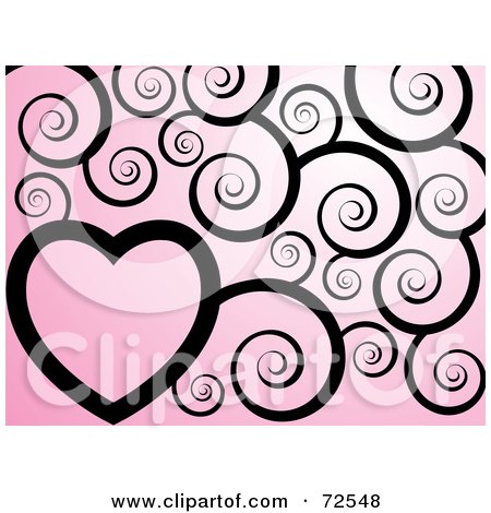Royalty-Free (RF) Clipart Illustration of a Pink Background With Black Swirls And A Heart by cidepix