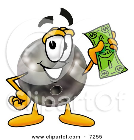 Clipart Picture of a Bowling Ball Mascot Cartoon Character Holding a Dollar Bill by Mascot Junction