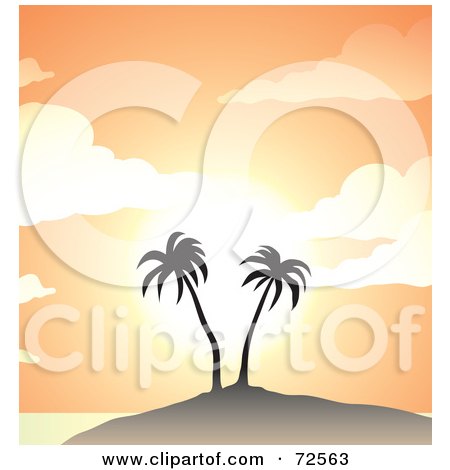 Royalty-Free (RF) Clipart Illustration of Two Palm Trees On A Hill Against A Pastel Orange Sunset by cidepix