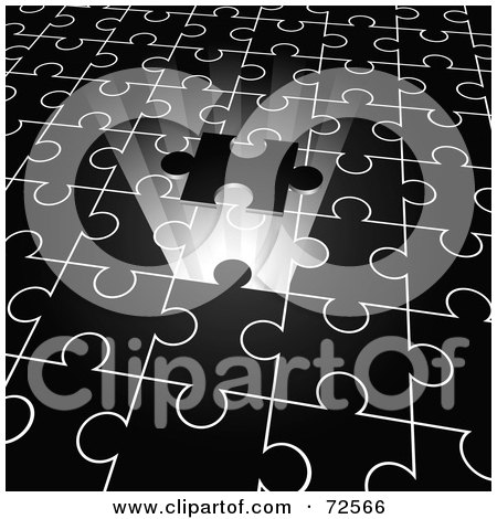 Royalty-Free (RF) Clipart Illustration of a Bright Light Shining Out Of A Space In A Black Puzzle, The Piece Hovering. by cidepix