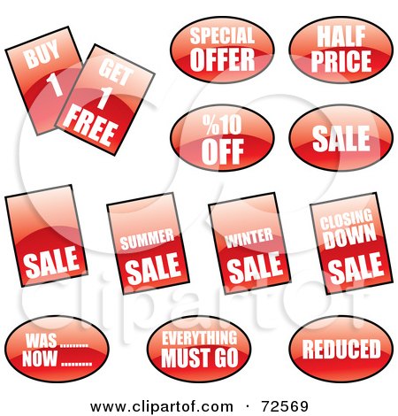 Royalty-Free (RF) Clipart Illustration of a Digital Collage Of Shiny Red Retail Promotion Labels by cidepix