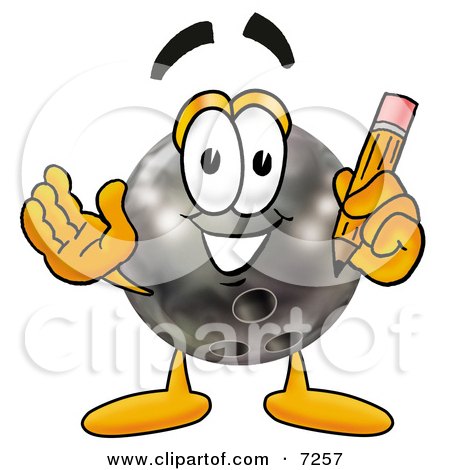 Clipart Picture of a Bowling Ball Mascot Cartoon Character Holding a Pencil by Mascot Junction