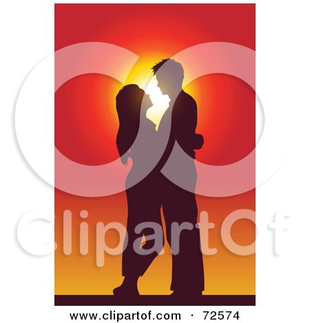 Royalty-Free (RF) Clipart Illustration of a Couple Standing, Embracing And Gazing At Each Other And Silhouetted Against A Sunset by cidepix