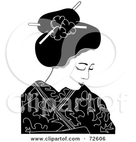 Royalty-Free (RF) Clipart Illustration of a Black And White Geisha Woman Looking Down by Pams Clipart