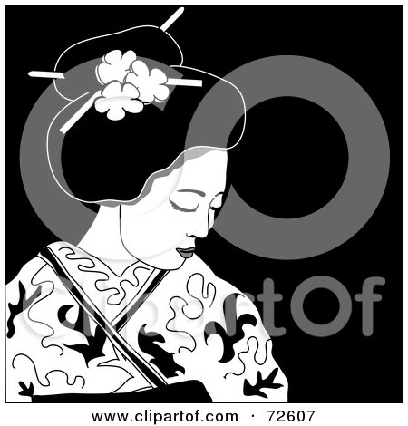 Royalty-Free (RF) Clipart Illustration of a Black And White Beautiful Geisha Looking Down by Pams Clipart