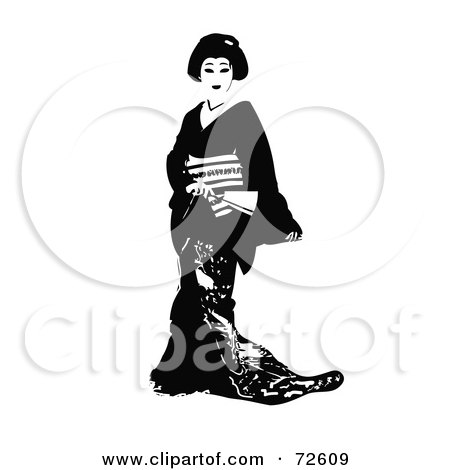 Royalty-Free (RF) Clipart Illustration of a Full Length View Of A Black And White Geisha Woman by Pams Clipart