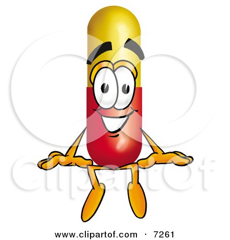 Clipart Picture of a Medicine Pill Capsule Mascot Cartoon Character Sitting by Mascot Junction