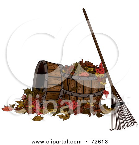 Royalty-Free (RF) Clipart Illustration of a Rack Resting Against A Barrel With Autumn Leaves by Pams Clipart