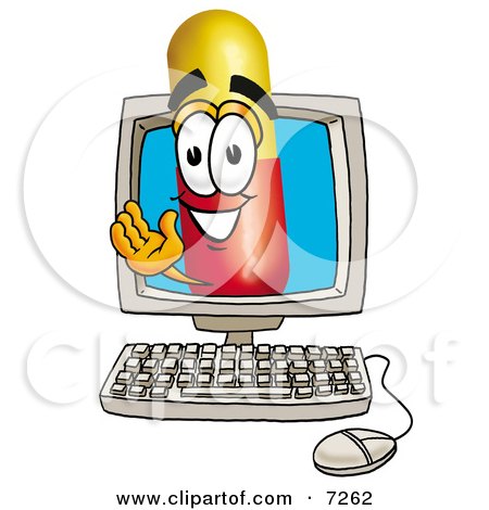 Clipart Picture of a Medicine Pill Capsule Mascot Cartoon Character Waving From Inside a Computer Screen by Mascot Junction
