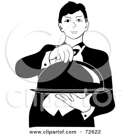 Royalty-Free (RF) Clipart Illustration of a Black And White Professional Butler Touching The Lid To A Platter by Pams Clipart