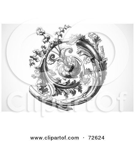 Royalty-Free (RF) Clipart Illustration of a Black And White Vintage Spiraling Leafy Branch by BestVector