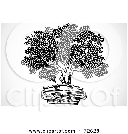 Royalty-Free (RF) Clipart Illustration of a Black And White Potted Bonsai Plant by BestVector