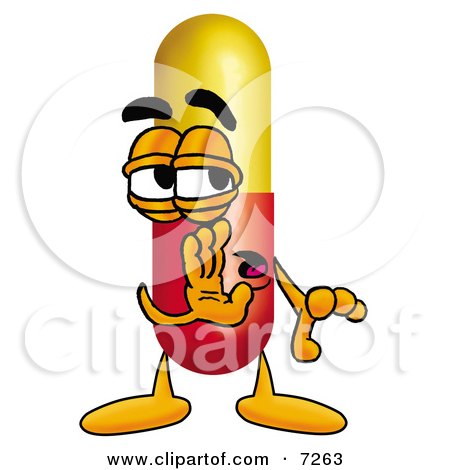 Clipart Picture of a Medicine Pill Capsule Mascot Cartoon Character Whispering and Gossiping by Mascot Junction