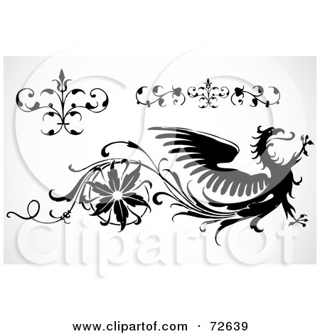 Royalty-Free (RF) Clipart Illustration of a Digital Collage Of Black And White Borders, Elements And A Phoenix by BestVector