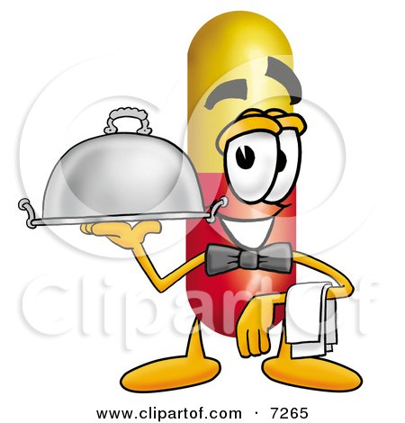Clipart Picture of a Medicine Pill Capsule Mascot Cartoon Character Dressed as a Waiter and Holding a Serving Platter by Mascot Junction